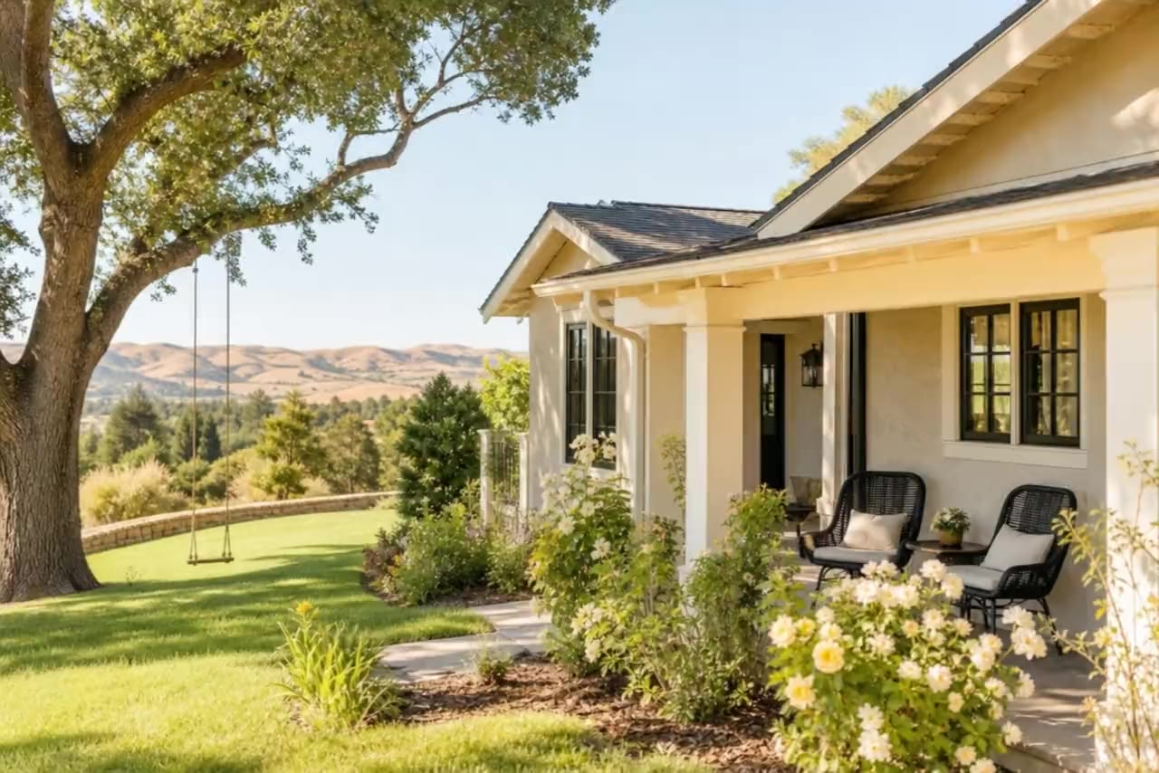 Concept image of a welcoming California family home with a front porch and roses in bloom