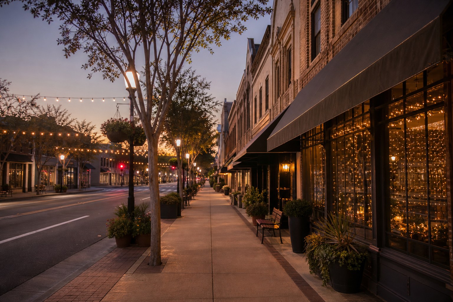 Concept image of a small-town California downtown main street at dusk