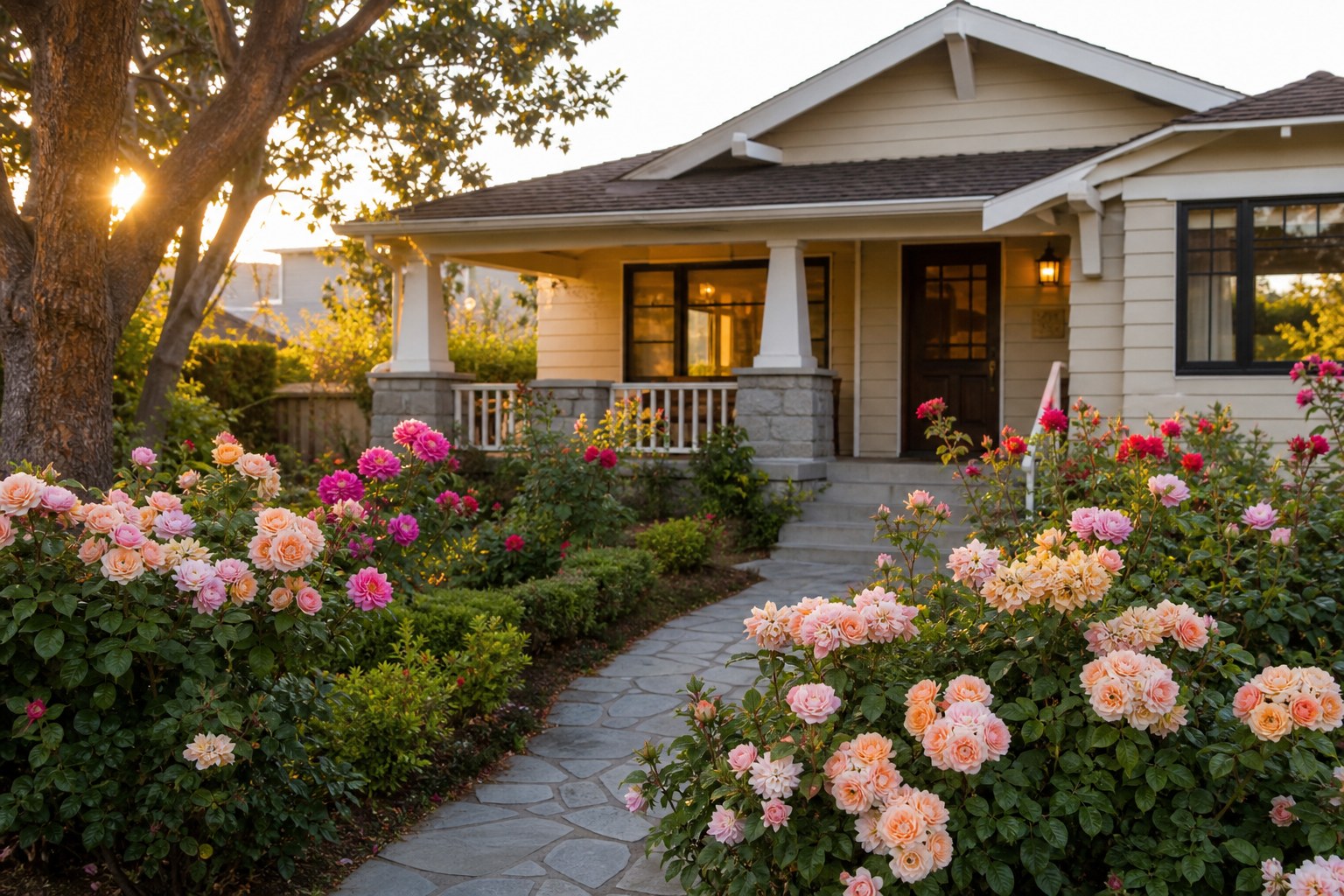 Concept image of a California family home exterior with a rose garden in front